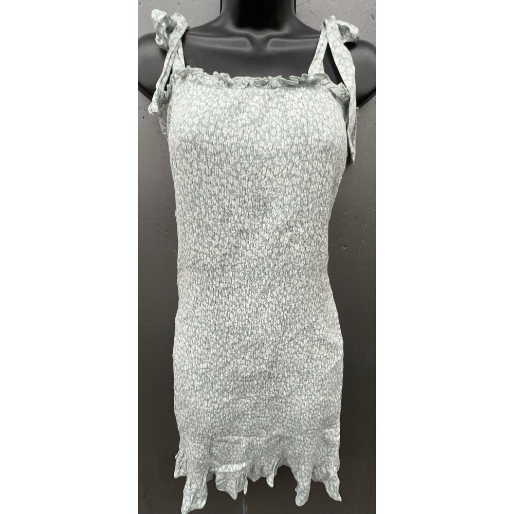 Smocked Mini Dress S Green‎ White Floral Shoulder Ties Ruffle Cottage Fairy Y2K
